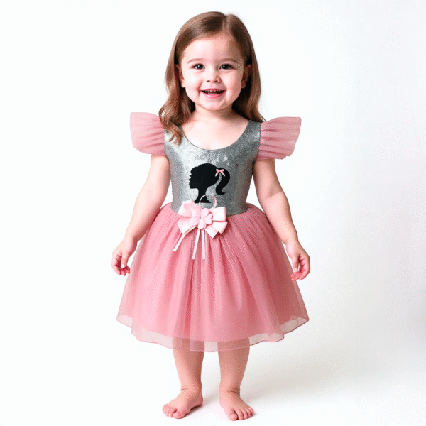 Vestido Barbie Silueta Rosa | Tul de Princesa con Moño y Brillo Plateado