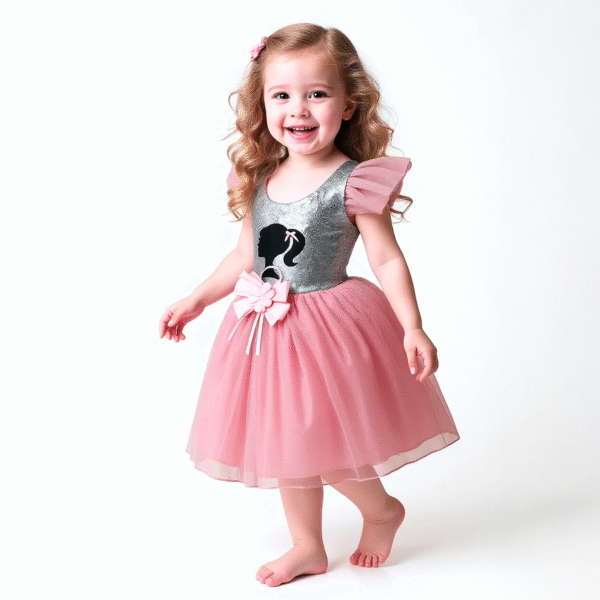 Vestido Barbie Silueta Rosa | Tul de Princesa con Moño y Brillo Plateado - Image 3