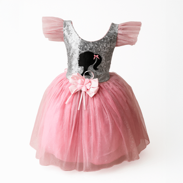 Vestido Barbie Silueta Rosa | Tul de Princesa con Moño y Brillo Plateado - Image 2