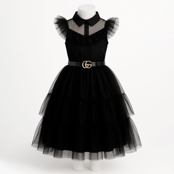 Vestido Merlina Addams Raven Dance para Niña | Tul Negro con Cinturón Elegante - Image 3