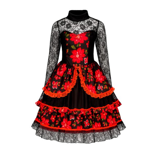 Vestido Tradicional Mexicano Floral para Niña | Encaje Negro y Flores Rojas - Image 4