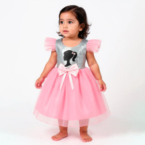 Vestido Barbie Silueta Rosa | Tul de Princesa con Moño y Brillo Plateado
