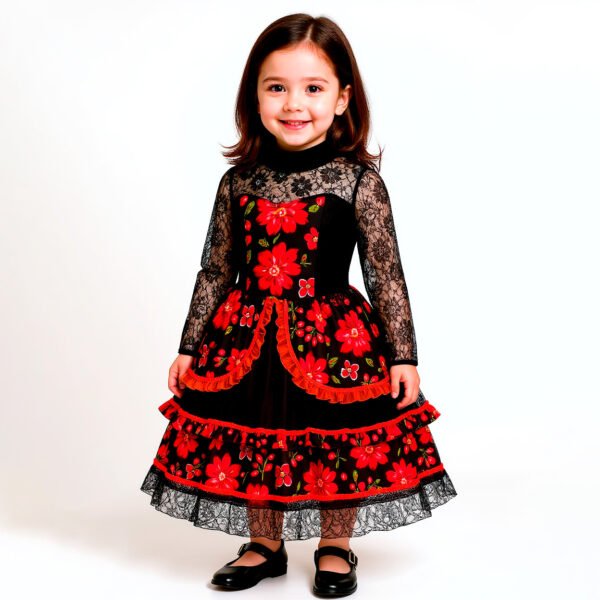 Vestido Tradicional Mexicano Floral para Niña | Encaje Negro y Flores Rojas - Image 3