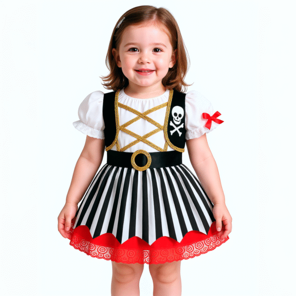 Vestido de Pirata para Niña | Disfraz Infantil con Rayas, Cráneo y Cinturón Dorado - Image 2