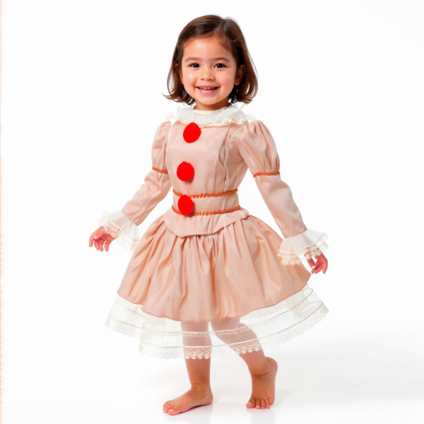 Vestido Beige Infantil de Payasita Vintage | Estilo Pennywise con Pompones Rojos - Image 4