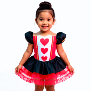 Disfraz Reina de Corazones para Niña | Vestido Corto con Encaje y Corazones Rojos