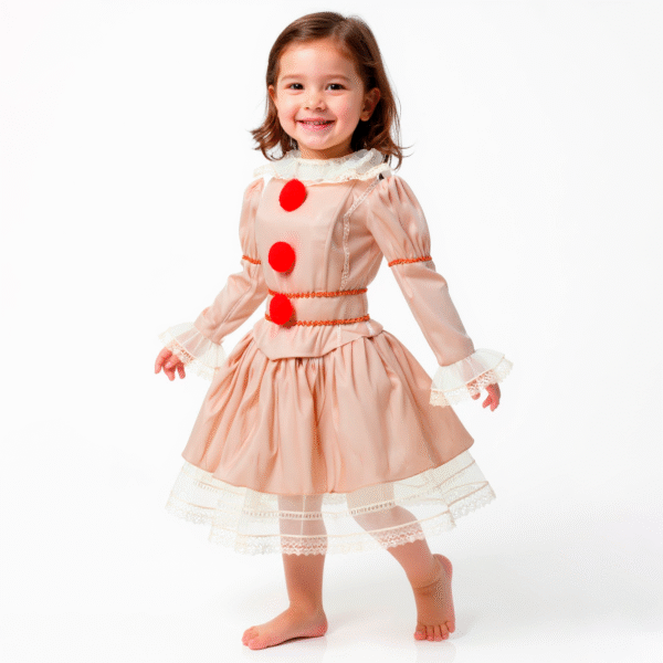 Vestido Beige Infantil de Payasita Vintage | Estilo Pennywise con Pompones Rojos - Image 2