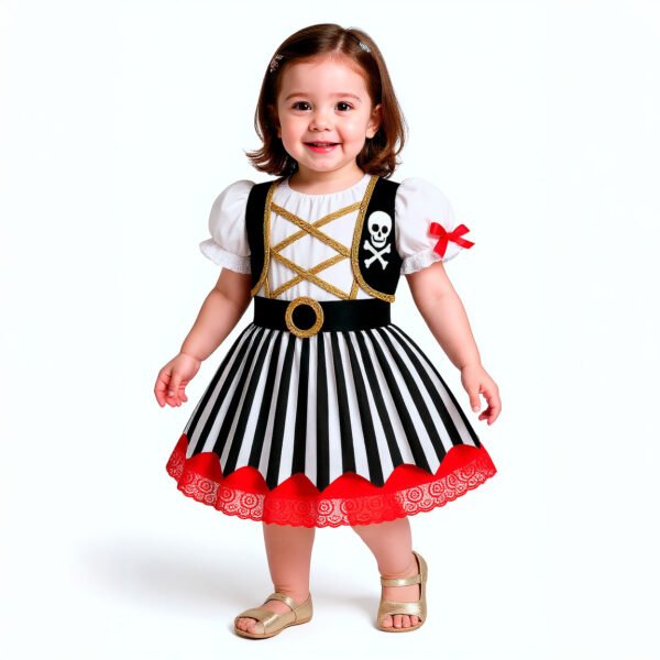 Vestido de Pirata para Niña | Disfraz Infantil con Rayas, Cráneo y Cinturón Dorado - Image 3