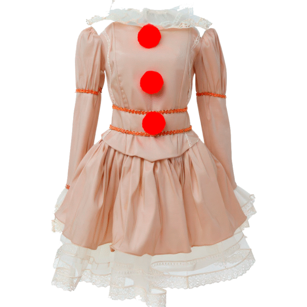 Vestido Beige Infantil de Payasita Vintage | Estilo Pennywise con Pompones Rojos - Image 3