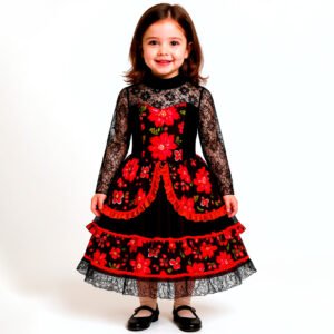 Vestido Tradicional Mexicano Floral para Niña | Encaje Negro y Flores Rojas