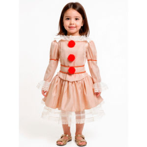 Vestido Beige Infantil de Payasita Vintage | Estilo Pennywise con Pompones Rojos