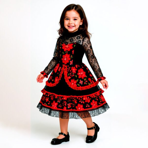 Vestido Tradicional Mexicano Floral para Niña | Encaje Negro y Flores Rojas - Image 2