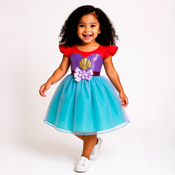 Vestido de Ariel para Niña | Inspirado en La Sirenita con Concha Dorada y Falda Aqua