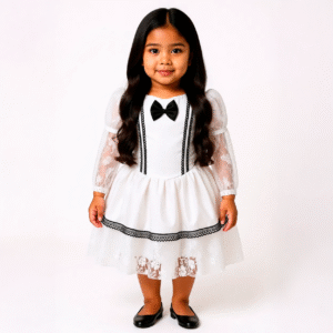 Vestido Blanco Elegante para Niña | Moño Negro y Encaje Estilo Victoriano
