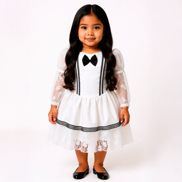 Vestido Blanco Elegante para Niña | Moño Negro y Encaje Estilo Victoriano