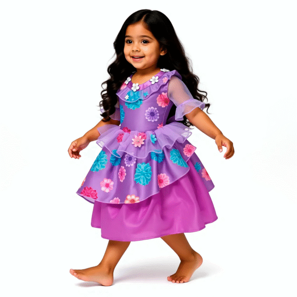 Vestido Floral Morado para Niña | Diseño Encantado con Flores 3D y Volantes - Image 2