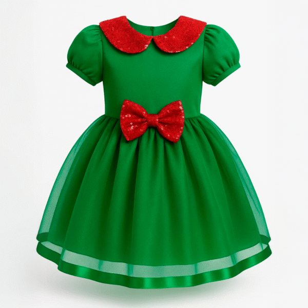 Vestido Verde Fantasía para Niña | Inspiración Hadas con Moño Rojo Brillante - Image 3
