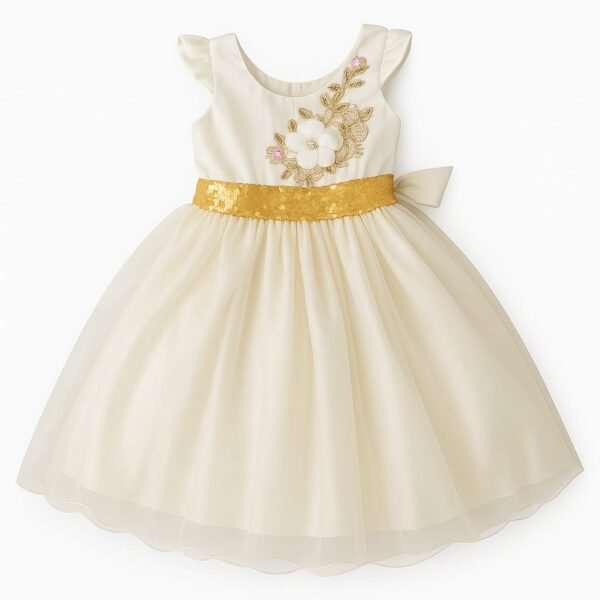 Vestido Elegante Blanco y Dorado para Niña | Flores Bordadas y Cinturón de Lentejuelas - Image 3