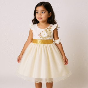 Vestido Elegante Blanco y Dorado para Niña | Flores Bordadas y Cinturón de Lentejuelas