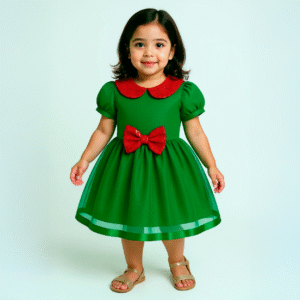 Vestido Verde Fantasía para Niña | Inspiración Hadas con Moño Rojo Brillante