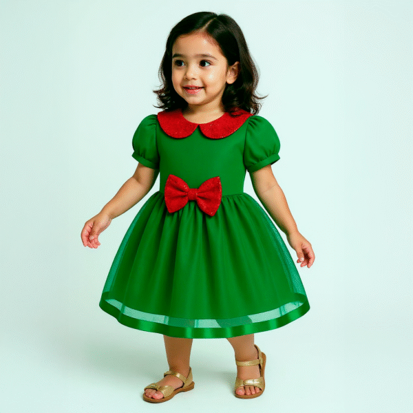 Vestido Verde Fantasía para Niña | Inspiración Hadas con Moño Rojo Brillante - Image 2