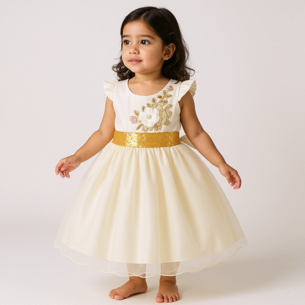 Vestido Elegante Blanco y Dorado para Niña | Flores Bordadas y Cinturón de Lentejuelas - Image 2