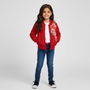 Chamarra Infantil Acolchada Roja con Bordado Floral Elegante | Moda Niña Invierno 2025