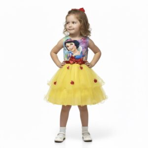 Vestido de Princesa Amarillo para Niña | Estilo Blanca Nieves con Moño Rojo
