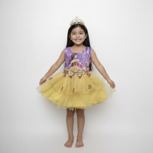 Vestido de Princesa Amarillo para Niña | Inspirado en Bella con Tiara Dorada